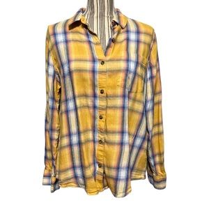 SO favorite long sleeve button down shirt large yellow blue white plaid